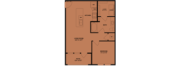 A floor plan of a home with a living room, kitchen, bathroom, bedroom, and patio.