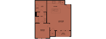 A floor plan of a house showing a living room, kitchen, bedroom, bathroom, and closet.