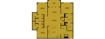 A yellow floor plan of a house with labeled rooms and dimensions.