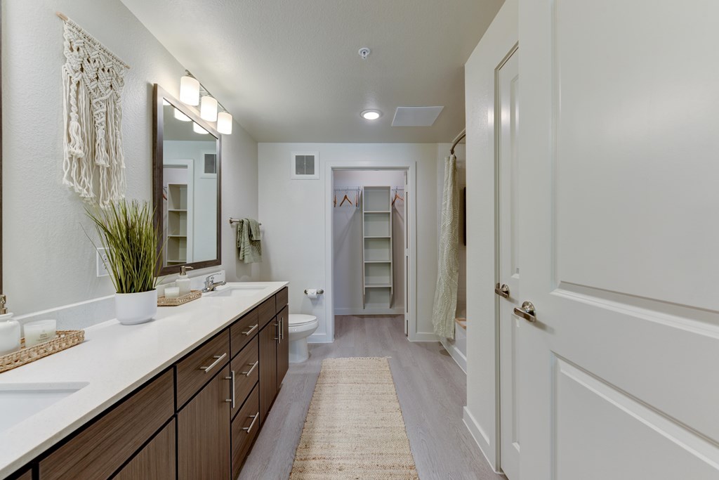 A bathroom with a sink, mirror, and a rug on the floor.