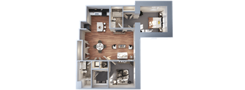 A 3D floor plan of a house with a kitchen, living room, and two bedrooms.