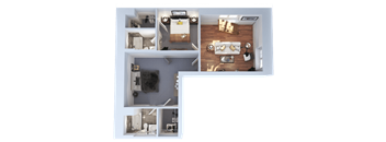 A top-down view of a small apartment with a kitchen, living room, and bathroom.