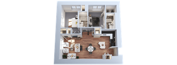 A top-down view of a modern apartment layout.