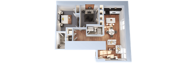 A top-down view of a house interior with a kitchen, living room, and bedrooms.