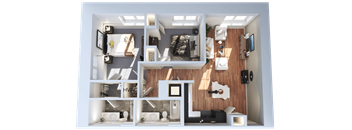 A 3D floor plan of a small apartment with a kitchen, living room, and bedroom.