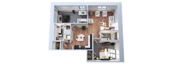 A top-down view of a modern apartment with a kitchen, living room, and bedroom.