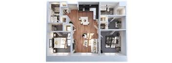 A top-down view of a modern apartment layout with a central kitchen island and surrounding rooms.