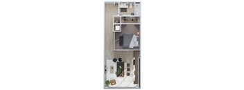 A top-down view of a small apartment with a bed, a couch, a table, and a chair.