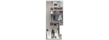 A top-down view of a small apartment with a bed, desk, and kitchenette.