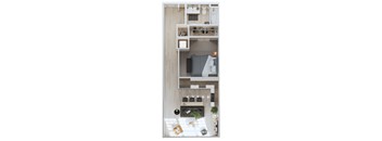 A top-down view of a small apartment with a bed, a couch, and a kitchenette.