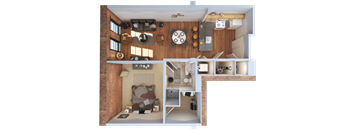 A dollhouse with a living room, kitchen, and bathroom.