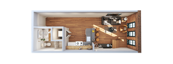 A top-down view of a modern apartment with a kitchen, living room, and bedroom.