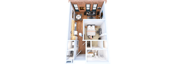 A 3D floor plan of a small apartment with a kitchen, living room, and bathroom.