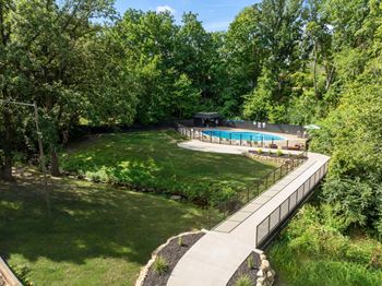 A pool surrounded by a green forest