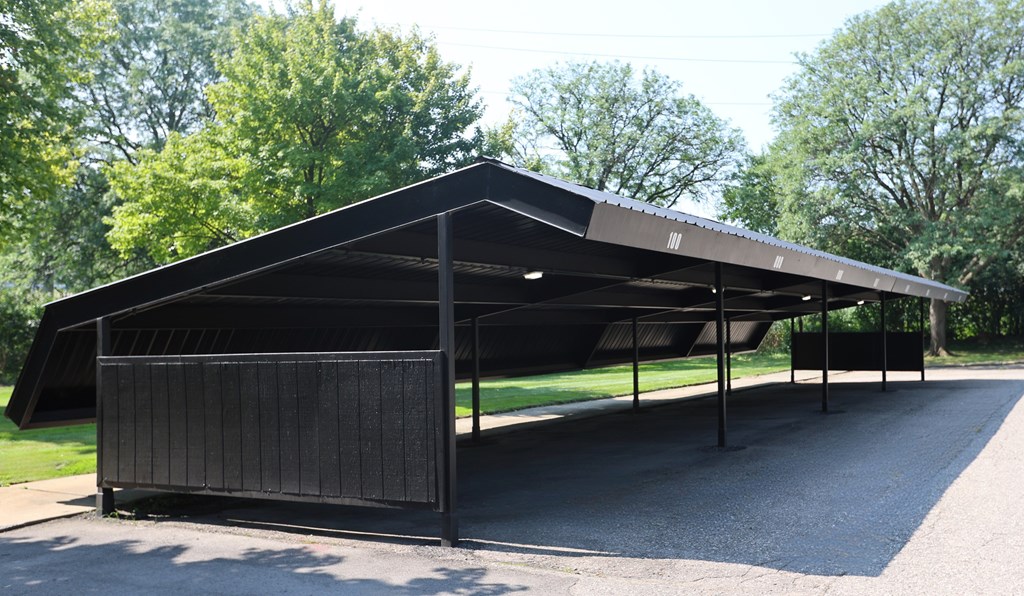 A black carport with a metal roof and a metal fence