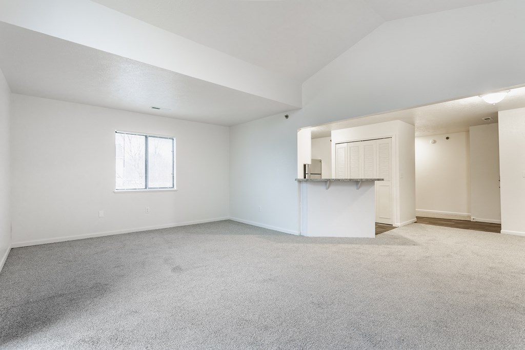 A large empty room with a carpeted floor and a window at Huntington Cove Apartments, Merrillville, IN, 46410