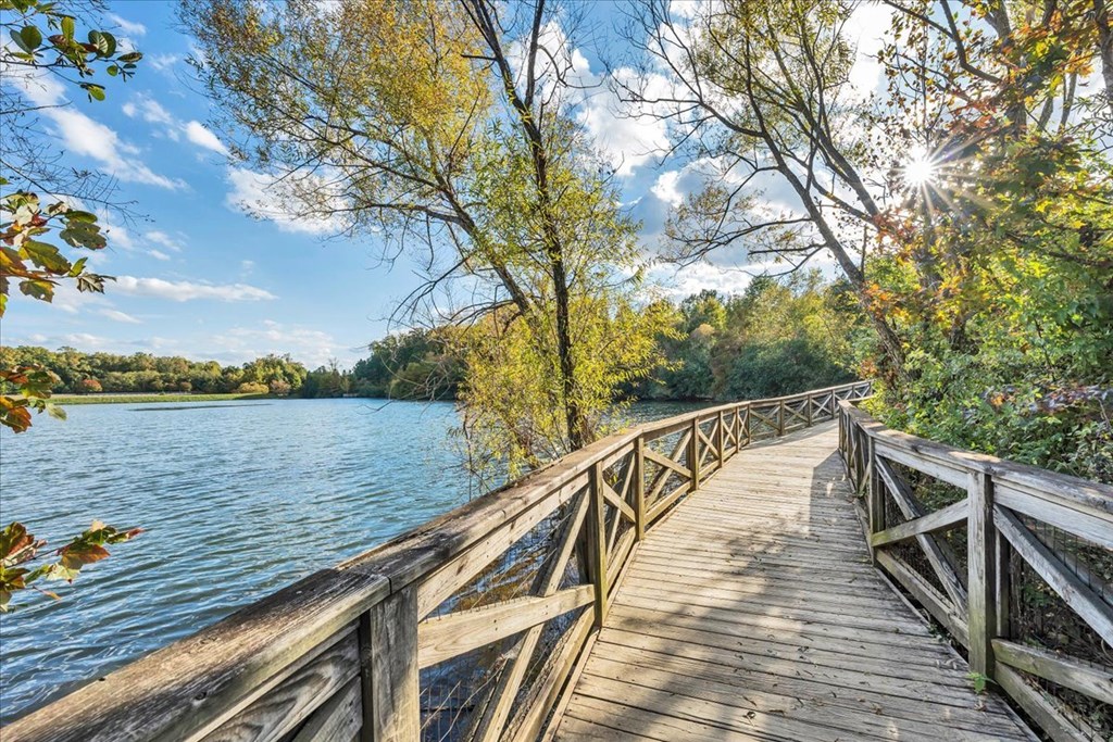 a wooden bridge over a lake on a sunny day