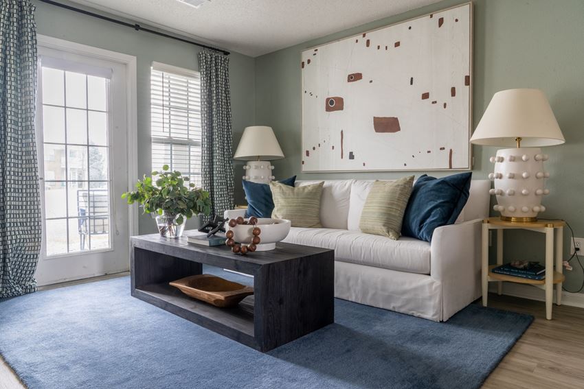 a living room with a white couch and blue rug - Photo Gallery