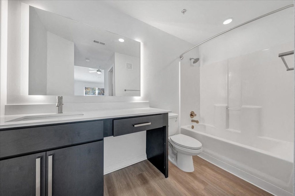 a bathroom with a sink and a toilet and a shower at The Vinings Apartments, Richmond