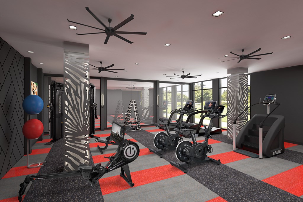 a rendering of a gym with exercise machines and floor to ceiling windows  at Avant & Avant II, Carmel, Indiana