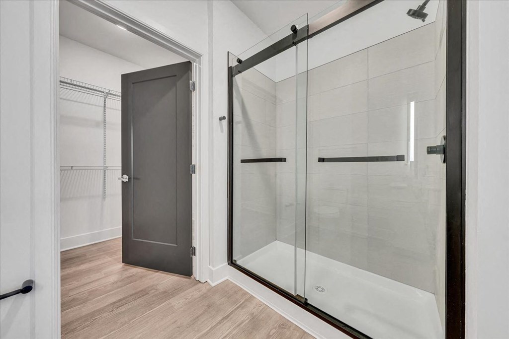 a bathroom with a shower and a door to a closet at Luxe 360 in Midlothian, Midlothian, 23114