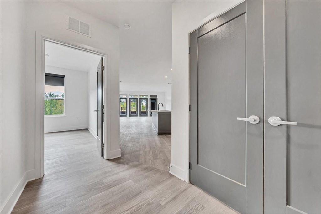 a gray door leading to a living room and a kitchen at Luxe 360 on Centerpointe Apartments, Midlothian, VA, 23114