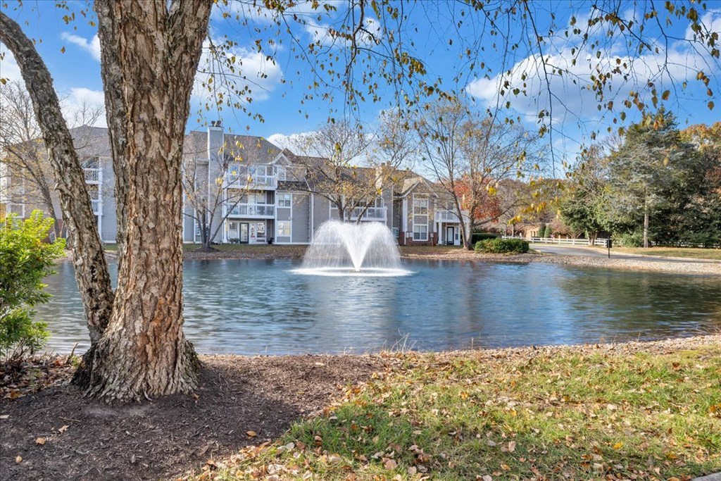 the fountain at the pond in front of the apartments
