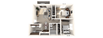 The Pinto Floor Plan with 2 Bedrooms and 2 Bathrooms at Polo Run Apartments. This Floor Plan Features a Galley Style Kitchen and Dark Interior Doors.