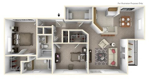 2 Bedroom 2 Bath Floor Plan at Prairie Lakes Apartments, Peoria, IL