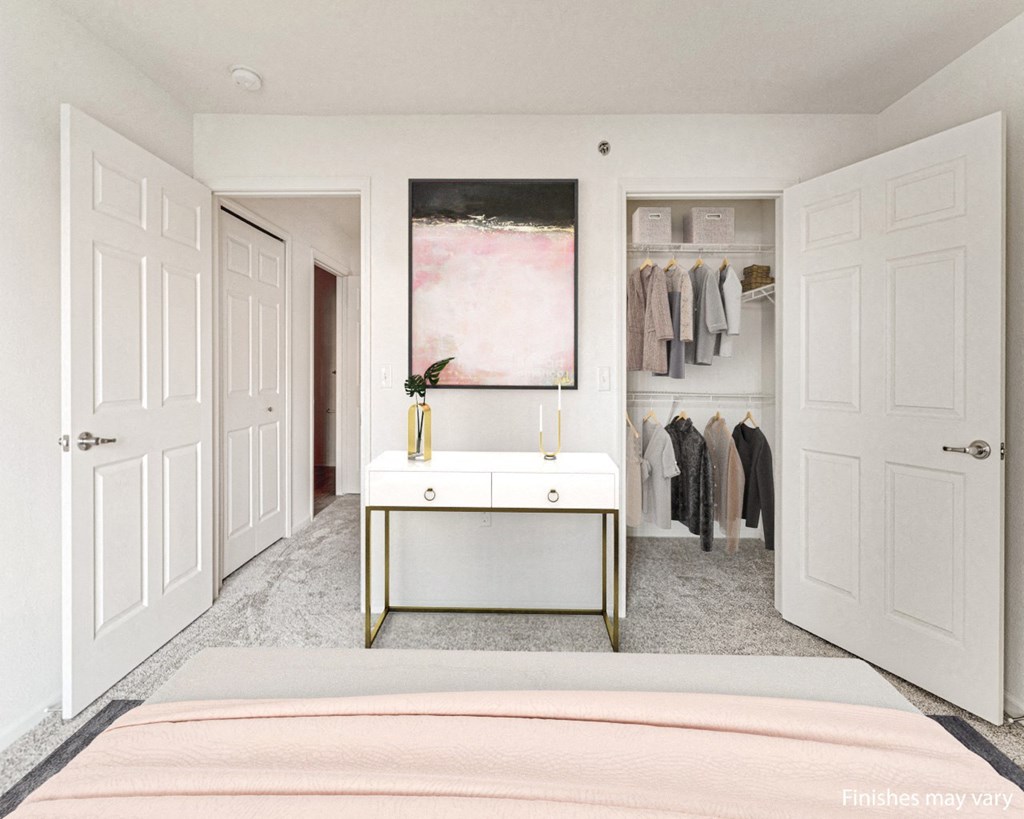 Buttercup Layout Model Bedroom Closet at The Harbours Apartments, Clinton Twp 48038