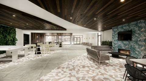 A modern living room with a wooden ceiling and a stone fireplace.
