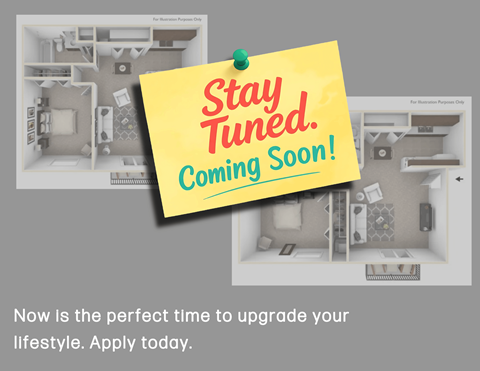 A note that says "Stay Tuned. Coming Soon!" is pinned to a wall with a model of a house.