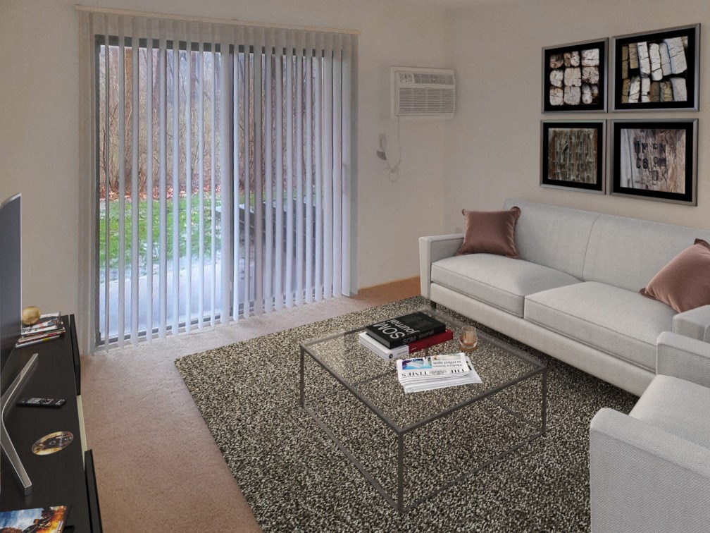 Primrose Layout Model Living Room at Eastgate Woods Apartments, Batavia, OH