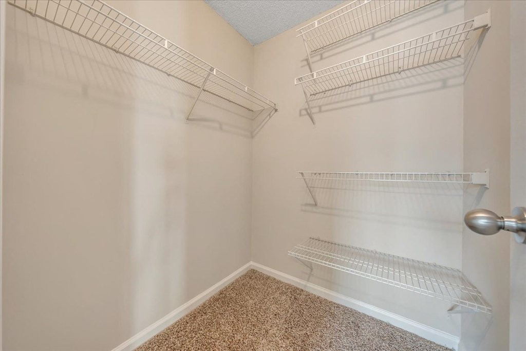 an empty closet with two shelves in a closet with a door