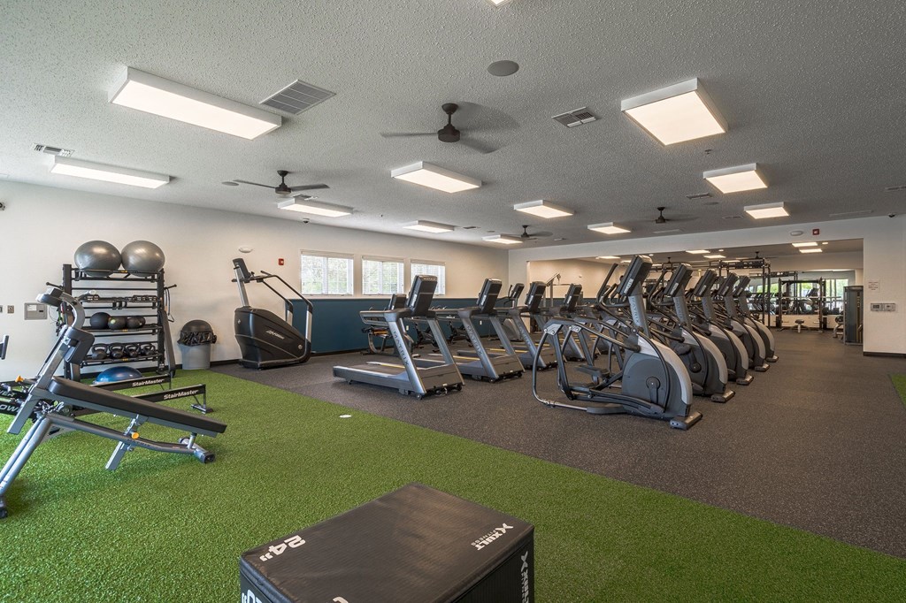 a large fitness room with cardio equipment and artificial grassat The Harbours Apartments, Michigan, 48038