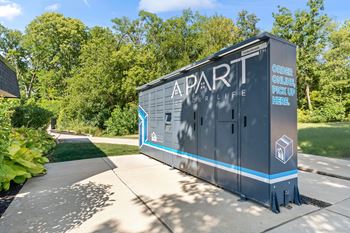 Apartment complex with a sign