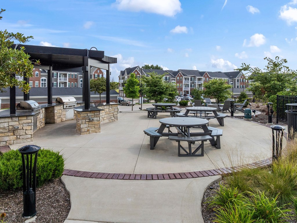 A sunny day at the outdoor picnic area with tables and benches.