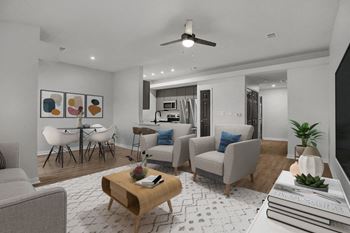 a living room with white walls and a white rug