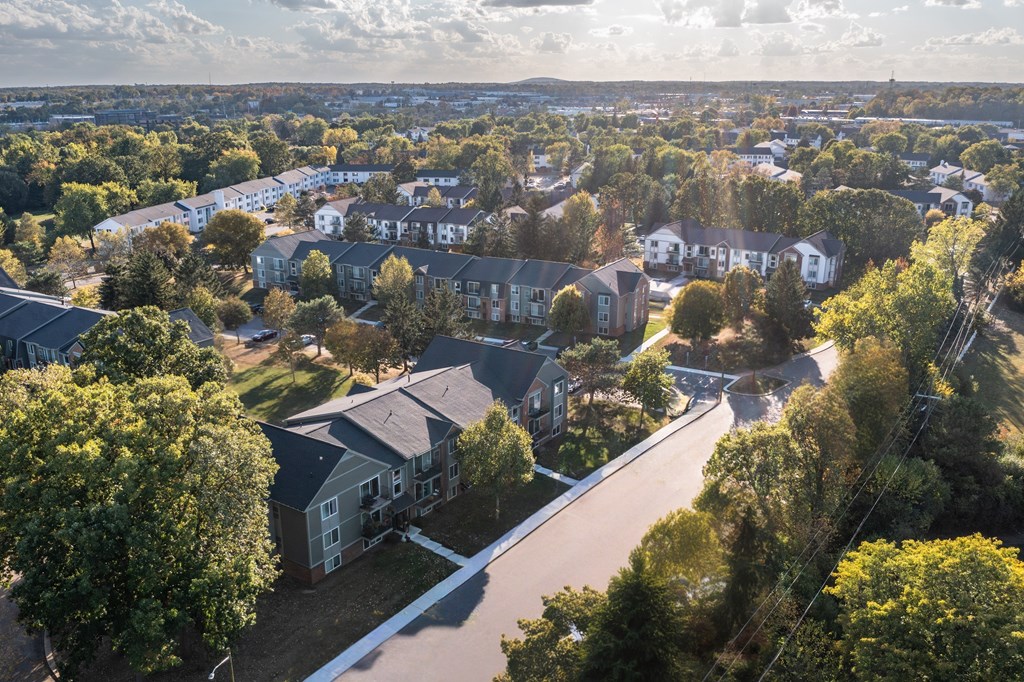 A residential area with houses and trees.