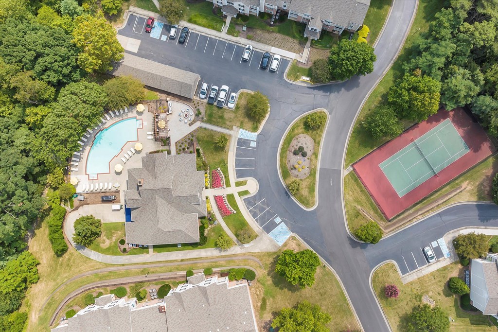 arial view of a house with a swimming pool and tennis court at Sunscape Apartments, Roanoke, VA, 24018