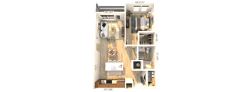 A floor plan of a small apartment with a kitchen, living room, and two bedrooms.