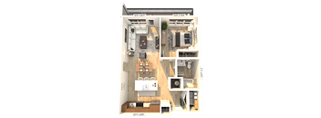 A floor plan of a small apartment with a kitchen, living room, and bedroom.