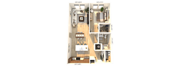 A 3D floor plan of a small apartment with a kitchen, living room, and bedroom.