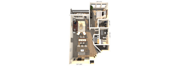 A 3D floor plan of a small apartment with a kitchen, living room, and bathroom.