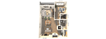 A 3D floor plan of a small apartment with a kitchen, living room, and bedroom.