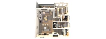 A 3D floor plan of a small apartment with a kitchen, living room, and bedroom.