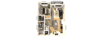 3D floor plan of studio apartment layout at Icon on Main Apartments, Carmel, Indiana