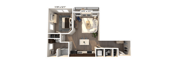 A 3D floor plan of a small apartment with a kitchen, living room, and bathroom