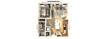 3D floor plan of one bedroom apartment layout at Icon on Main Apartments, Carmel