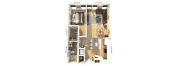 3D floor plan of two bedroom apartment layout at Icon on Main Apartments, Indiana